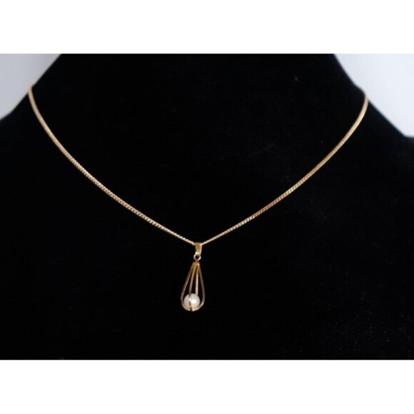 Handmade Ladies Unmarked 14K Yellow Gold Wire Caged Ocean Pearl Pendant Vintage - Picture 2 of 8